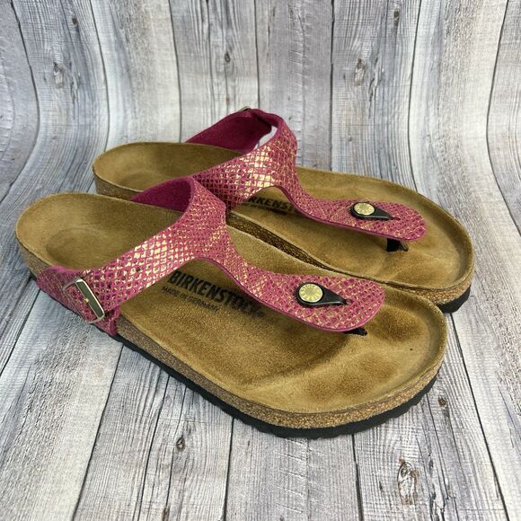 Birkenstock Shoes - Birkenstock Gizeh Regular Sandals Pink Fuchsia Snake Toe Post Thong Women’s 40